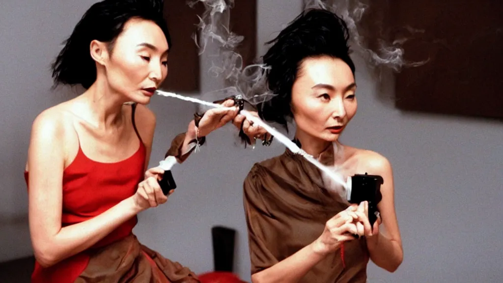 Prompt: Maggie Cheung doing vape tricks, 35mm film still, rule of thirds, by Jean Luc-Godard