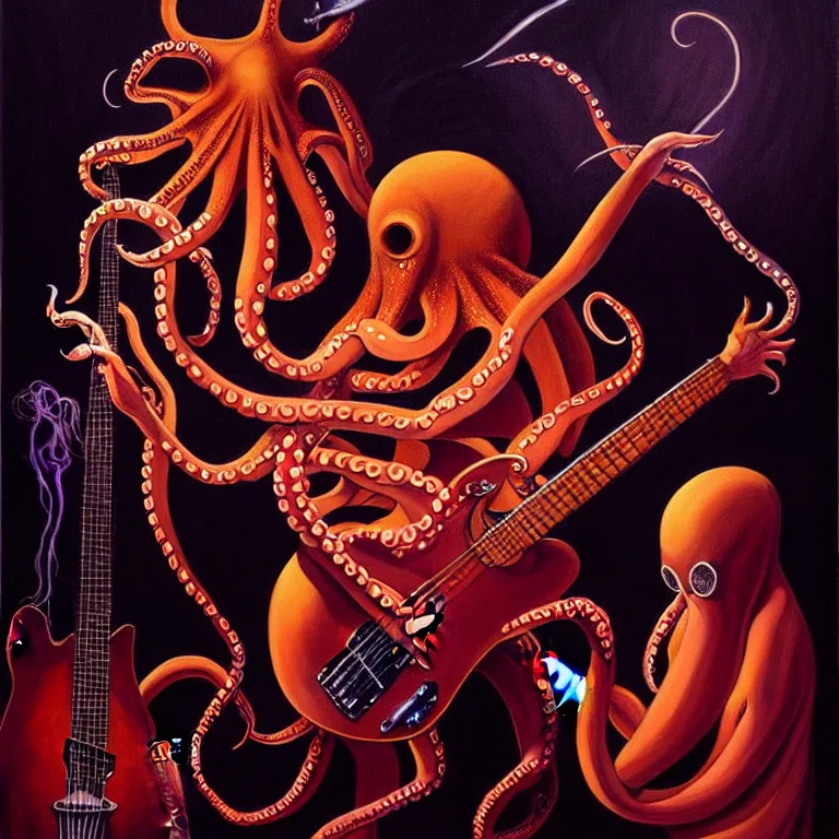 Image similar to a beautiful painting by gerald brom of a couple of octopus playing drums and telecaster guitar in an electronic concert, black background, concert light, dark mood, warm lights