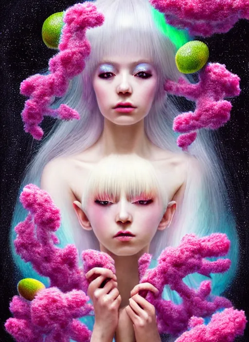 Image similar to hyper detailed 3d render like a Oil painting - kawaii portrait Aurora (white haired Singer Weasle) seen Eating of the Strangling network of yellowcake aerochrome and milky Fruit and Her delicate Hands hold of gossamer polyp blossoms bring iridescent fungal flowers whose spores black the foolish stars by Jacek Yerka, Mariusz Lewandowski, Houdini algorithmic generative render, Abstract brush strokes, Masterpiece, Edward Hopper and James Gilleard, Zdzislaw Beksinski, Mark Ryden, Wolfgang Lettl, hints of Yayoi Kasuma, octane render, 8k