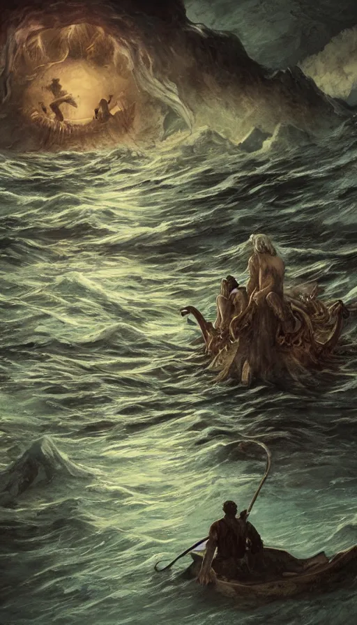 Image similar to man on boat crossing a body of water in hell with creatures in the water, sea of souls, by wit studio