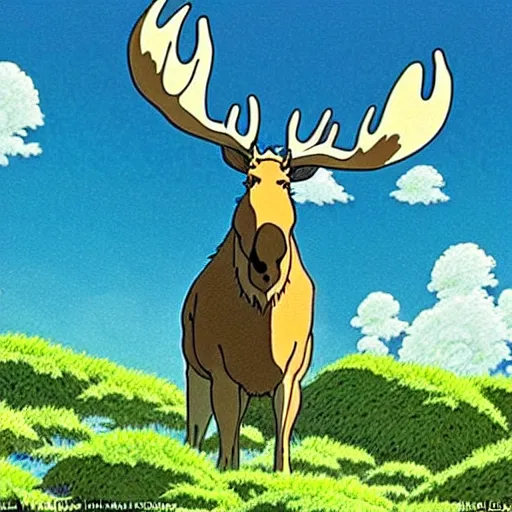 Image similar to \'Moose God\' by Studio Ghibli, now considered by art critics to be one of the most iconic and beautiful pieces of art in the 21st century