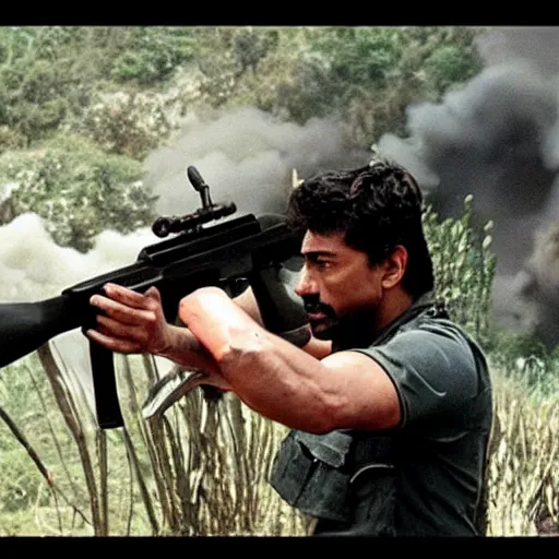 Image similar to [ [ modi ] ] firing ak 4 7 bomb blast background still from rambo