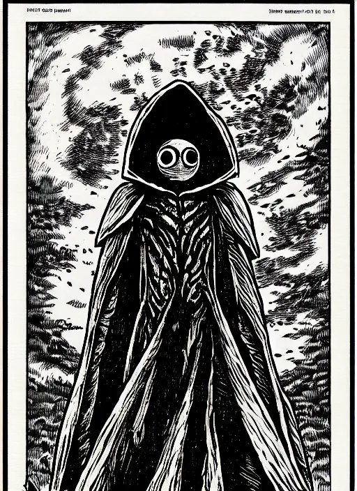 Prompt: the flatwoods monster as a d & d monster, full body, pen - and - ink illustration, etching, by russ nicholson, david a trampier, larry elmore, 1 9 8 1, hq scan, intricate details, inside stylized border