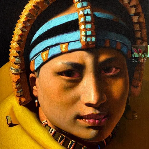 Prompt: high quality high detail painting by johannes vermeer, portrait of a mayan jaguar warrior, hd, photorealistic lighting