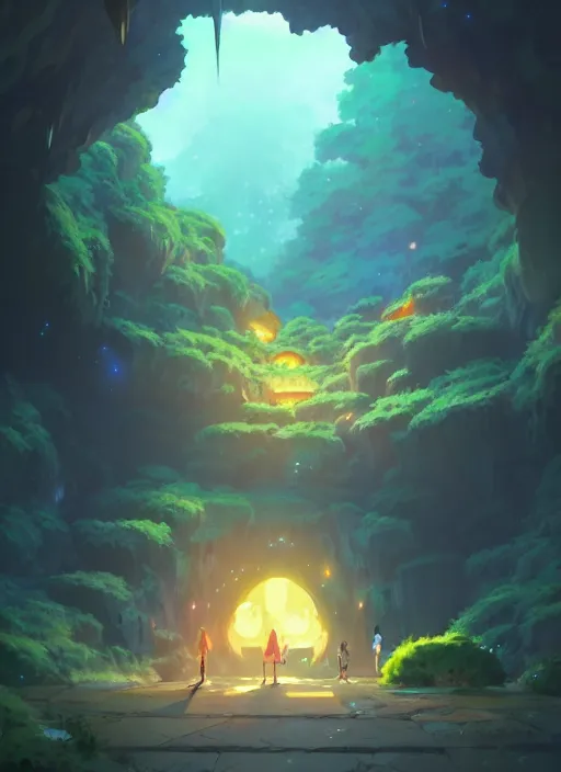 Image similar to a cave where can see a super nice garden, neon circular light round it, illustration concept art anime key visual trending pixiv fanbox by wlop and greg rutkowski and makoto shinkai and studio ghibli