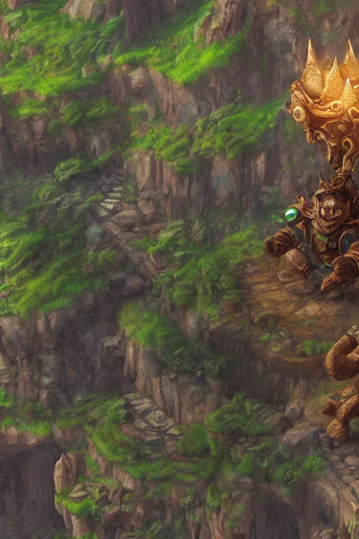 Image similar to zelda fantasy art giant golem troll wood rock greeble gemstone, global illumination ray tracing hdr fanart arstation by sung choi and eric pfeiffer and gabriel garza and casper konefal