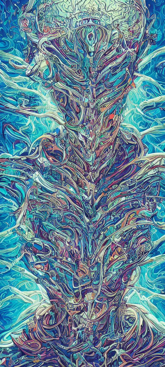 Image similar to android jones alex grey android jones alex grey mark cooper, artgerm artstation award winning photorealistic detailed hypervivid intense fantasy concept art, hypervivid intense mcbess, the sea by dan mumford