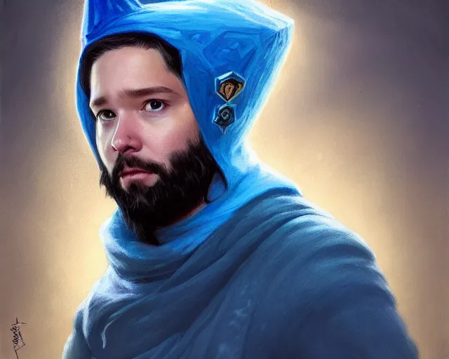 Image similar to amazing portrait of alexis ohanian as a wizard, blue wizard hat, deep focus, symmetrical face, d & d, fantasy, intricate, elegant, highly detailed, digital painting, artstation, concept art, matte, sharp, illustration, hearthstone, art by artgerm and greg rutkowski and alphonse mucha