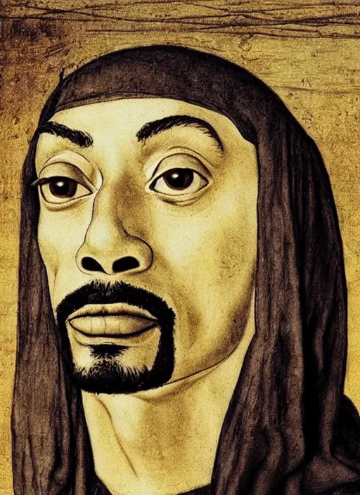 Image similar to a very high resolution image from a new movie, snoop dogg. drawn by leonardo da vinci. mountains, directed by wes anderson