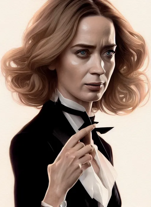 Image similar to portrait of emily blunt as business woman, black suit, white shirt, black tie, intricate, headshot, highly detailed, digital painting, artstation, concept art, sharp focus, cinematic lighting, illustration, art by artgerm and greg rutkowski, alphonse mucha, cgsociety