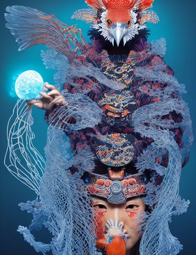 Prompt: 3 d shaman portrait. beautiful intricately detailed japanese crow kitsune mask and clasical japanese kimono. betta fish, jellyfish phoenix, bio luminescent, plasma, ice, water, wind, creature, artwork by tooth wu and wlop and beeple and greg rutkowski