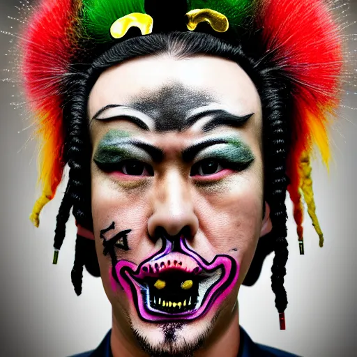 Image similar to photorealistic portrait photograph of a crazy army general with painted face as in chinese peking opera and rastafarian color hair with spikes and rings in pierced face ears and nose like punks