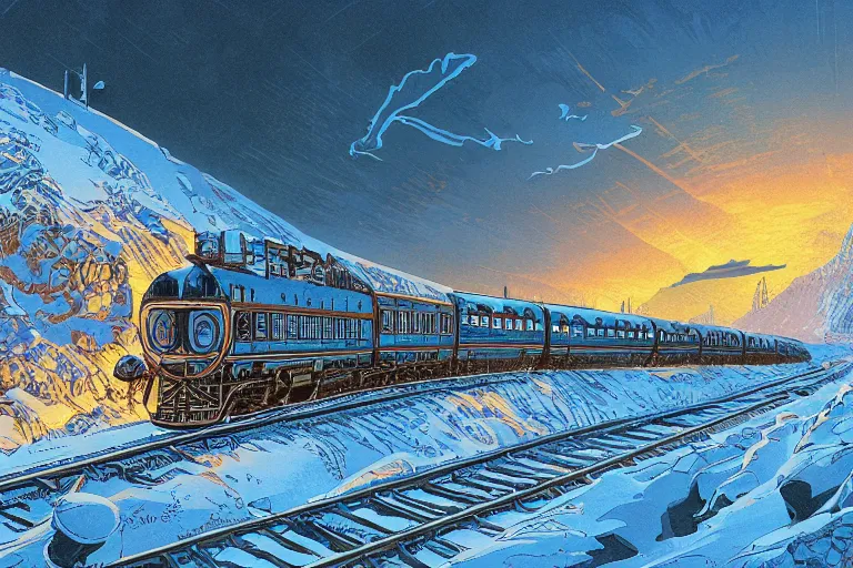 Image similar to trans - siberian express train illustration by joe fenton and syd mead and p. craig russell and barry windsor - smith, artstation, 4 k, graphic novel, concept art, matte painting, beautiful russian winter landscape sunset background, golden hour, art nouveau