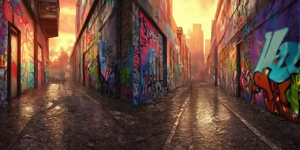 Image similar to photo realistic!! a graffiti filled alley at sunset after raining, dramatic lighting, artstation, unreal engine