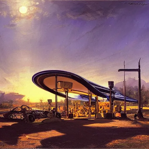 Prompt: painting of syd mead artlilery scifi organic shaped gas station with ornate metal work lands on a farm, fossil ornaments, volumetric lights, purple sun, andreas achenbach