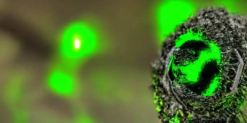 Prompt: macro shot of a glowing green radioactive hornet, national geographic, award winning, shallow depth of field