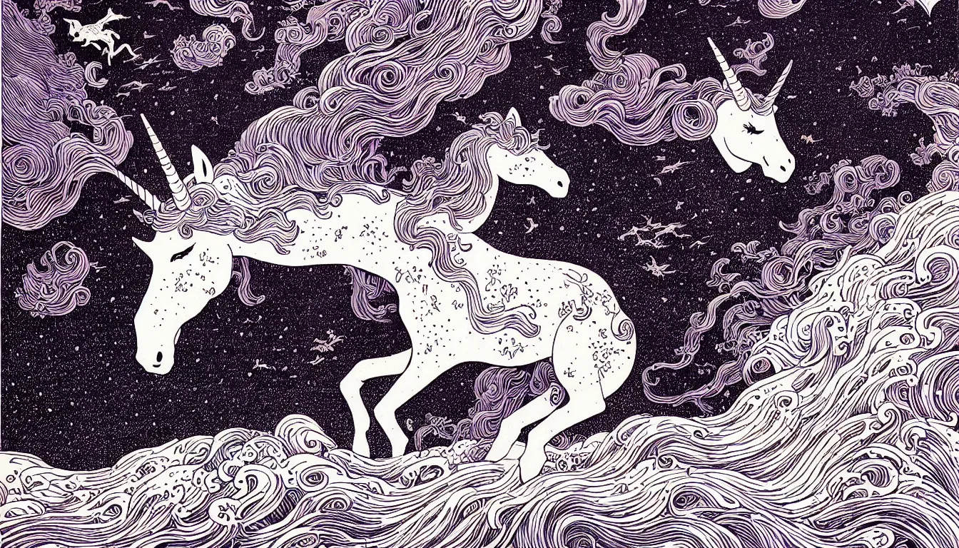 Prompt: unicorn by woodblock print, nicolas delort, moebius, victo ngai, josan gonzalez, kilian eng