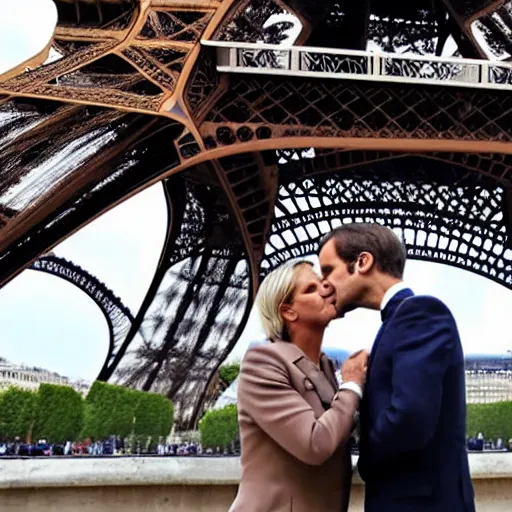 Prompt: marine le pen and Emmanuel macron kissing under the eiffel tower