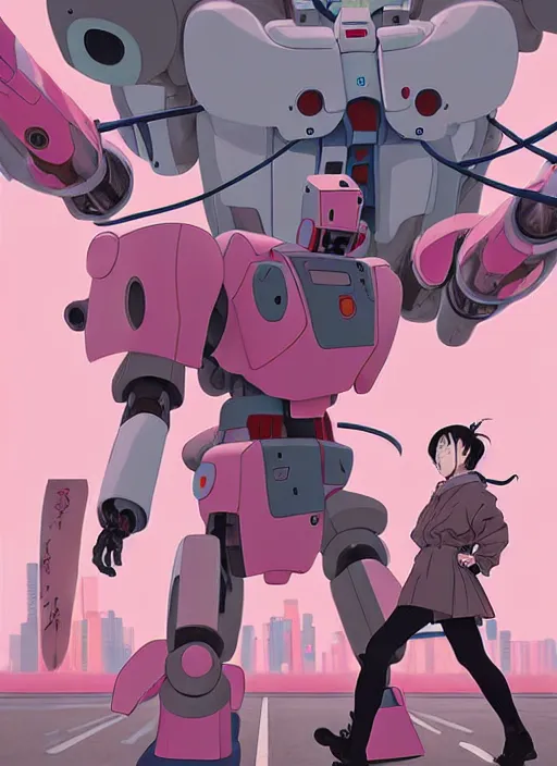 Image similar to Artwork by James Jean, Phil noto and hiyao Miyazaki; a young Japanese future samurai police girl named Yoshimi battles an enormous looming evil natured carnivorous pink gundam robot on the streets of Tokyo; Japanese shops and neon signage; crowds of people running; Art work by studio ghibli, Phil noto and James Jean