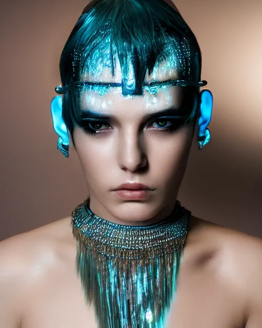 Image similar to soft focus portrait of an android with soft synthetic skin, bioluminescent plastics, smooth shiny metal plates, elaborate head piece, piercings, skin textures, by annie liebovotz,