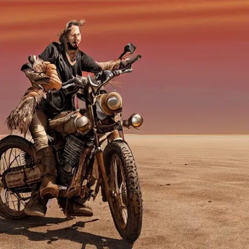 Image similar to Post Apocalyptic scavenger riding a motorcycle in a large desert