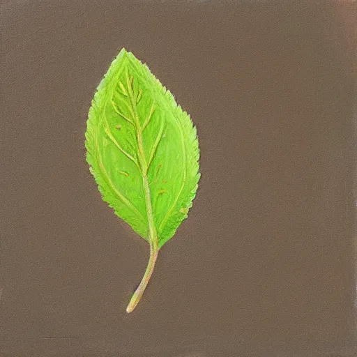 Image similar to detailed painting of a single small seedling on loose fresh earth, reveal several new leaves. muted colors and natural tones.