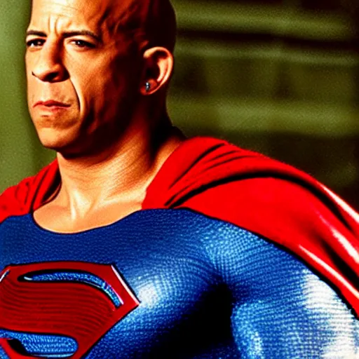 Prompt: film still of vin diesel as superman, film grain