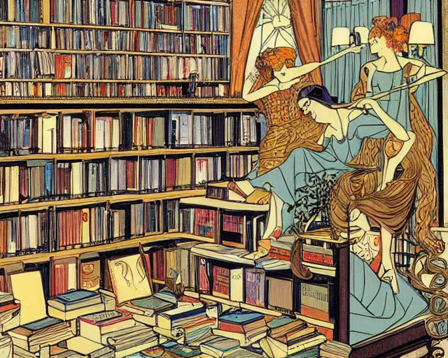 Image similar to bookstore filled with witches detailed painting art nouveau in the style of george barbier