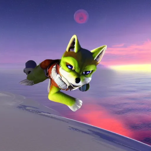 Image similar to high quality photo of star fox looking out at the ocean at sunset realism 8k award winning photo