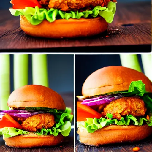 Image similar to a spicy crispy chicken burger, food photography, detailed, yum