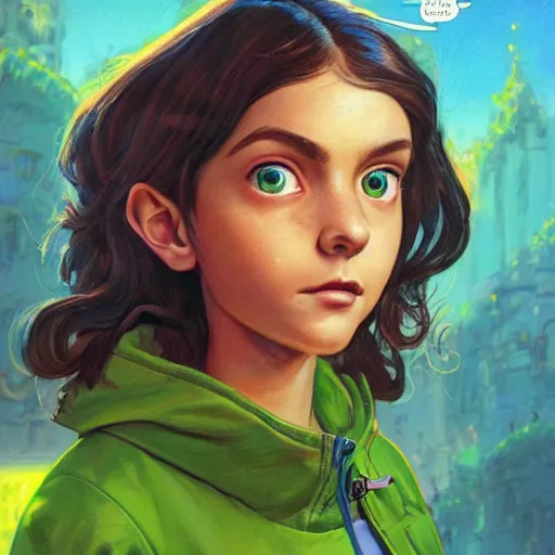 Image similar to a young woman with short wavy brown hair and glowing green eyes as a super hero, pixar cute, highly detailed, sharp focus, neon color, digital painting, artwork by Jeremiah Ketner + Mati Klarwein + Fintan Magee + Chris Mars, background artwork by greg rutkowski