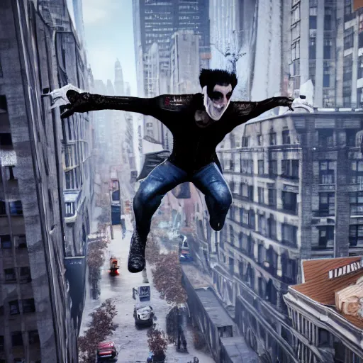 Image similar to modern day vampire that can fly, rampaging through new york city, photorealistic, ultra - detailed, 4 k high resolution, hdr shot, unreal engine rendering 4 k