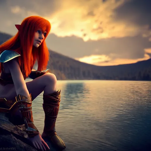 Image similar to beautiful female redhead elf warrior wearing armor, sitting next to a beautiful lake at sunset, enjoying the wind, looking at the water. 8k ultra realistic, award winning, unreal engine 5, masterpiece, atmosphere glow, hyperrealistic, focused, extreme details, cinematic