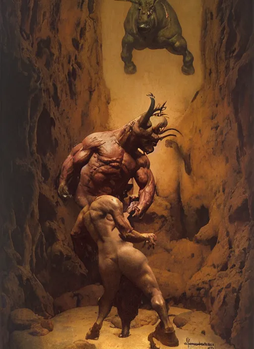 Prompt: full body portrait of a huge, miserable minotaur sitting in a dark cave, by boris vallejo and lawrence alma-tadema and simon bisley and greg manchess and zdzislaw beksinski and norman rockwell