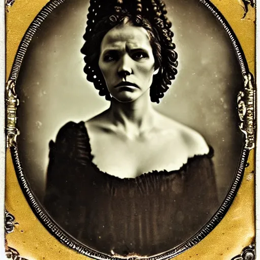 Prompt: tintype ambrotype daguerreotype of a cthulhu priestess adorned in occult jewelery with tentacle hair. emerging walking out of a baroque frame. striking face.