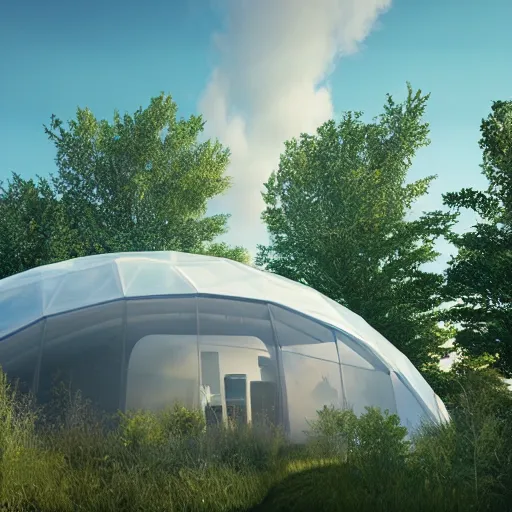 Prompt: a modular glass dome house in a cloud, futuristic, in a cloud, octane render, glass, ray tracing