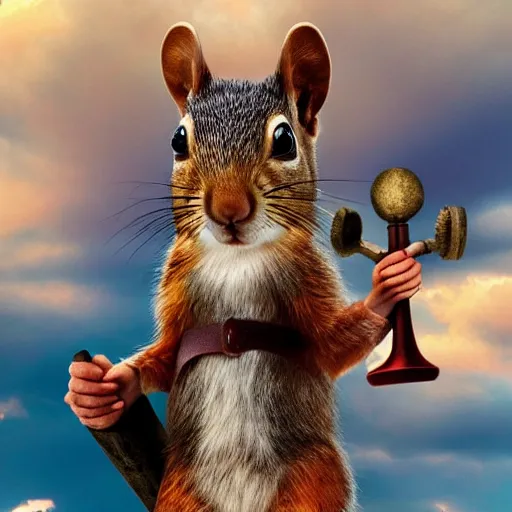 Image similar to the squirrel thor ~ holding his hammer ~ dramatic thunder background ~ trending ~