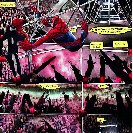 Prompt: a beautiful scenic rendition of nineteen ninety eight when the undertaker threw mankind off of hell in a cell, and plummeted sixteen feet through an announcer's table, 8 k, hyper realistic, wide angle, spiderman is there too