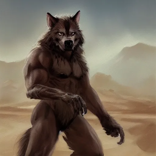 Prompt: a painting by wlop of a werewolf in an ashen desert in the morning