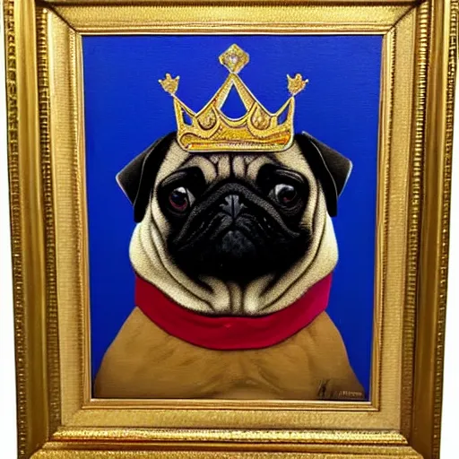 Prompt: regal pug in kings clothing and crown, oil painting, framed