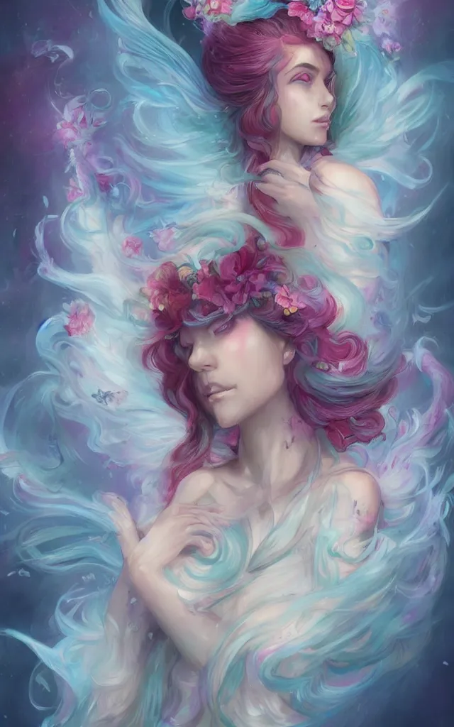 Image similar to a colorful and provenance illustrations painting of the fantasy female who with floral wing, highly detailed, her hair made of hair made of air wind and curling smoke, mist, dust, genie, spirit fantasy concept art, art by charlie bowater and ketner, jeremiah, trending on artstation.