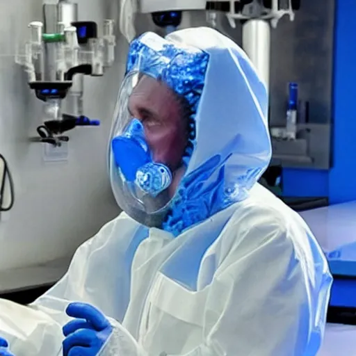 Image similar to vladimir putin in hazmat suit in a lab with blue crystals