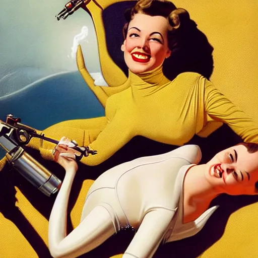 Image similar to a reclining c3po with a smiling female human face by Gil Elvgren, holding a smoking ray-gun, full body