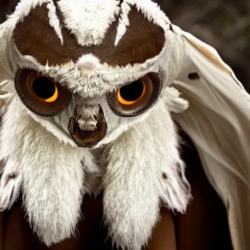 Prompt: white and brown mothman female, movie still vimeo, insect face, creature, hybrid, bug. fur - covered mouth, large moth wings, humanoid, eerie, creature hybrid. detailed.