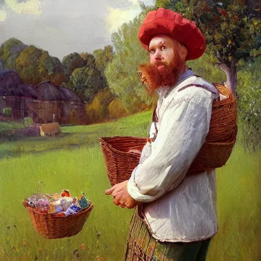 Image similar to a beautiful painting of a scottish instagram heart farmer. in his arm he has a basket full of hearts. in style of ilya repin, trending on artstation