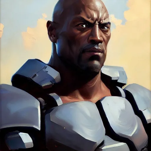 Image similar to greg manchess portrait painting of fully armored bionic augmented the foundation aka dwayne the rock as overwatch character, medium shot, asymmetrical, profile picture, organic painting, sunny day, matte painting, bold shapes, hard edges, street art, trending on artstation, by huang guangjian, gil elvgren, ruan jia, greg rutkowski, gaston bussiere