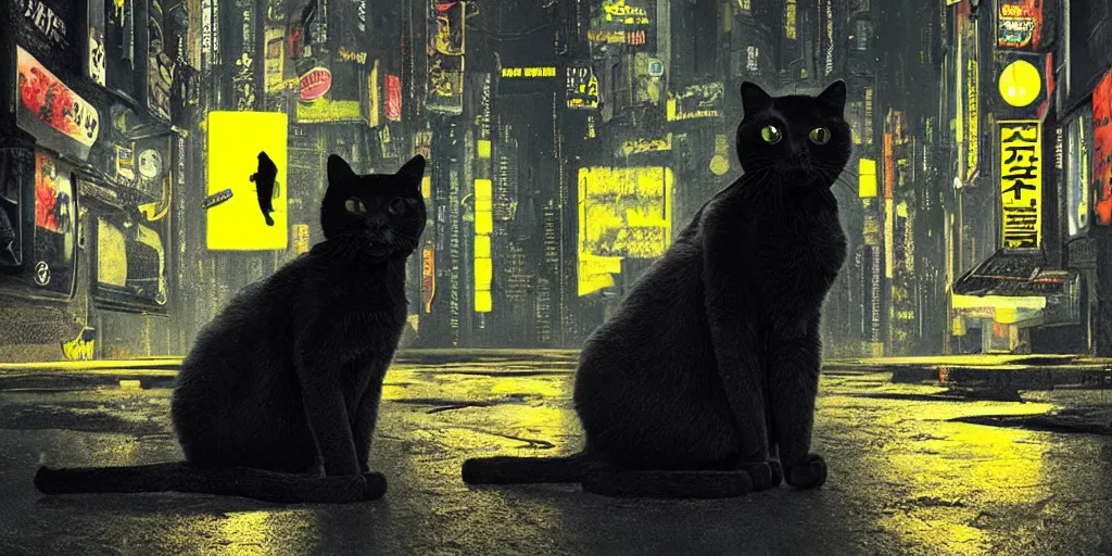 Image similar to a big black cat standing on the back paws and wearing yellow raincoat, cat is standing in the dark corner of a small badly lit street of a cyberpunk city