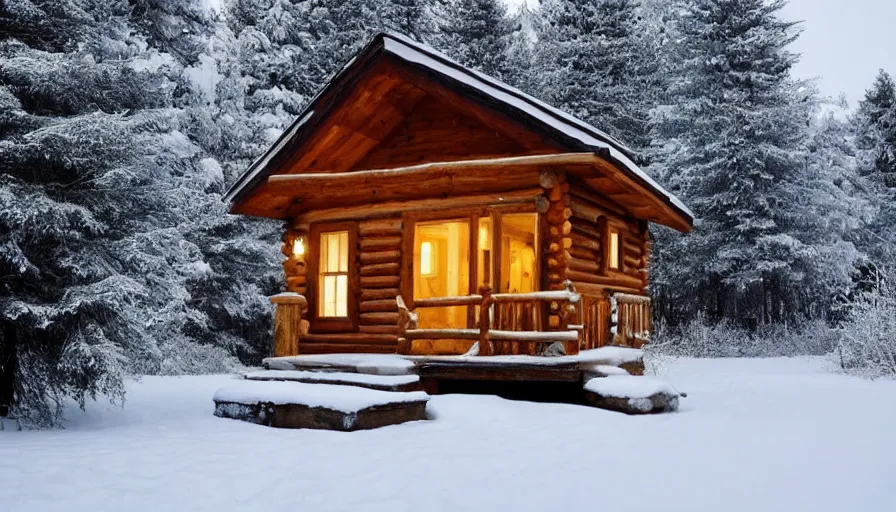 Image similar to empty cozy small cabin, warm, outside winter landscape