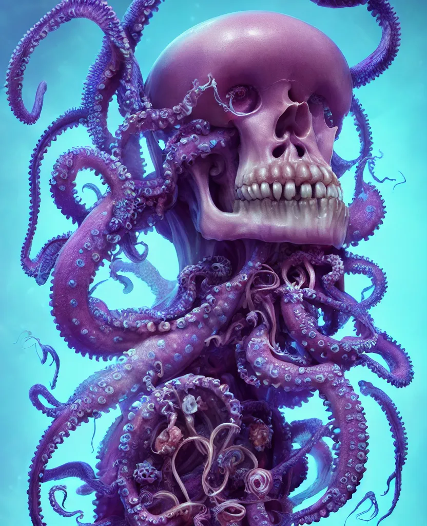 Image similar to goddess close - up portrait human skeleton, ram skull, octopus, jellyfish, orchid, betta fish, bioluminiscent, intricate artwork by tooth wu and wlop and beeple. octane render, trending on artstation, greg rutkowski very coherent symmetrical artwork. cinematic, hyper realism, high detail, octane render, 8 k