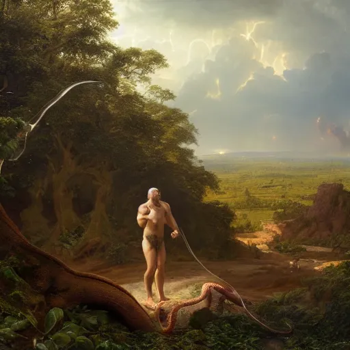 Prompt: Close-up of God being angry in the Garden of Eden. Adam and Eve look very guilty and the snake is leaving the scene quietly - Matte painting , detailed painting, made by Greg Rutkowski, 4k resolution, atmospheric, breathtaking